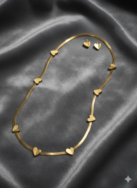 Anti Tarnish Matt Gold Heart Charms Necklace Earring Set