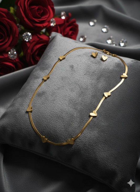Anti Tarnish Matt Gold Heart Charms Necklace Earring Set